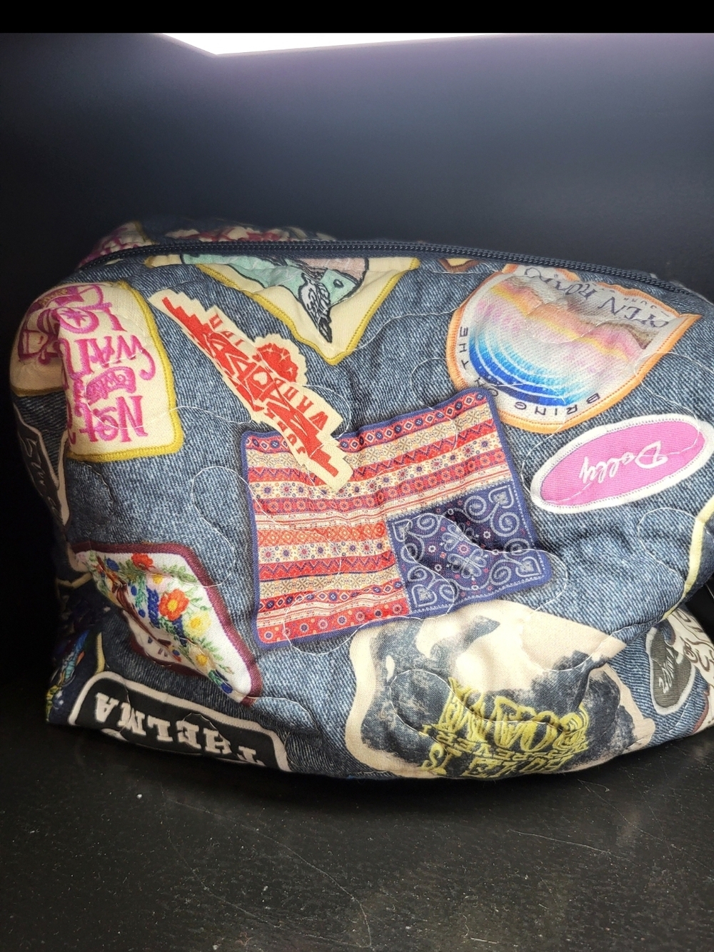 Patchwork Denim-Print Cosmetic Pouch - Blue